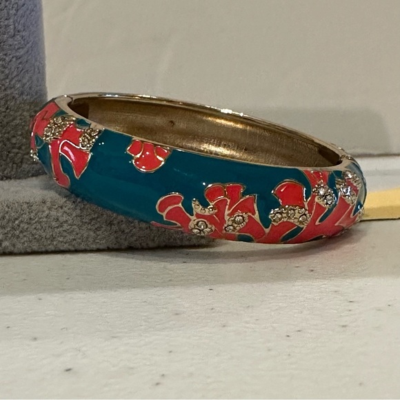 NWT Sequin by Nordstrom Clamper Bangle Bracelet - teal, coral, clear rhinestones - Picture 3 of 14
